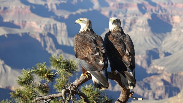 Majestic Eagles Perched on a Branch Overlooking Grand Canyon View