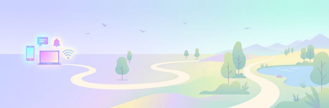Pastel Illustration of a Winding Path Leading Away from Digital Icons into Nature