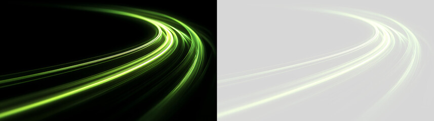Abstract glowing green light trail curve. Dynamic neon sweeping lines on black and transparent background. Futuristic motion effect overlay © Pro_Light