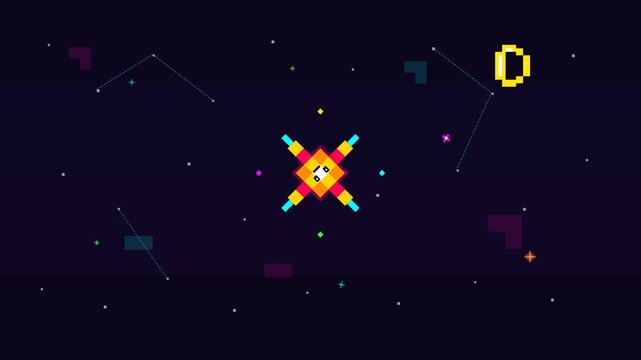 Pixel art space background featuring retro 8-bit aesthetic geometric stars constellation patterns and cute character central element for gaming digital wallpaper.