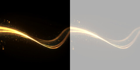Flowing golden light trail with sparkling particles. Glowing gold wave isolated on black and transparent background. Shimmering glitter special effect overlay © Pro_Light