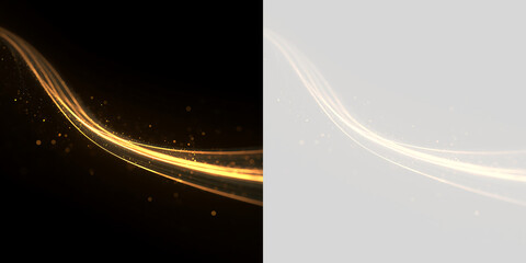 Golden light wave with sparkling particles on black and transparent background. Glowing gold trail vector element. Abstract dynamic motion design © Pro_Light