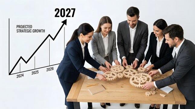 A diverse business team works together examining an architectural model with a projected growth chart indicating success in