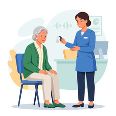 Fototapeta premium Audiologist offers hearing aid to senior patient in modern clinic, sound waves illustration