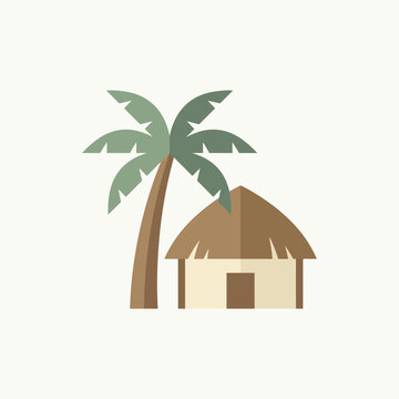 A flat vector illustration of a tropical hut with a palm tree.