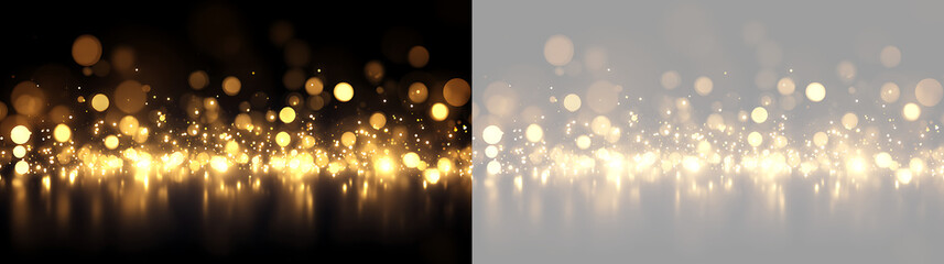 Golden bokeh light effect with glitter and reflections. Isolated gold sparkles on black and transparent background. Festive holiday design element © Pro_Light