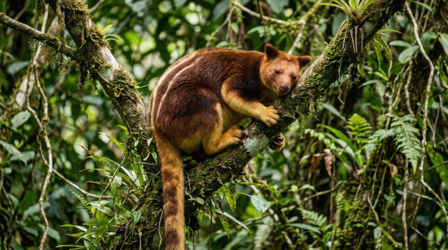 Tree kangaroo resting on a branch. Rare marsupial animal in the lush tropical rainforest.