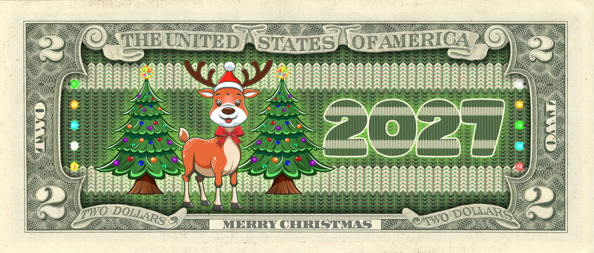 Reverse 2 dollars US. Holiday greeting banknote, flyer. Cute little cartoon reindeer, Santa hat and red bow. Decorated spruce trees. 2027. Merry Christmas, Happy new year. Knitted wool. Garlands