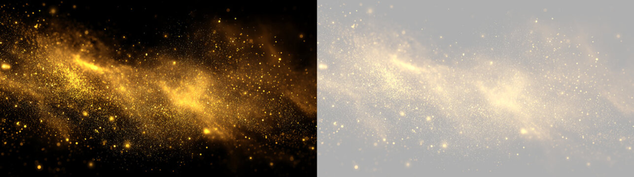 Golden dust cloud with glitter and sparkle effects. Abstract cosmic stardust on black and transparent background. Graphic design overlay element