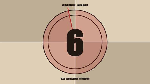 Vintage film leader countdown timer graphic with rotating red needle