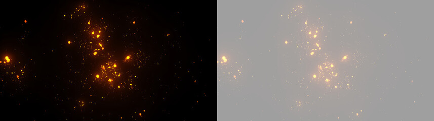 Glowing fire sparks and hot embers effect. Flying orange burning particles on black and transparent background. Abstract heat and energy design element © Pro_Light