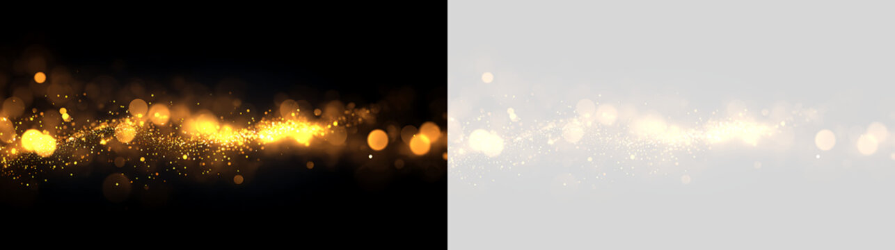 Golden glitter wave with bokeh light effect. Sparkling gold dust trail on black and transparent background. Festive glowing particles design element