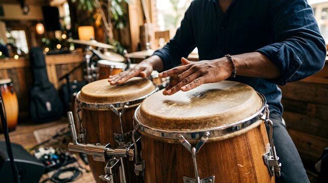 Close-up of a musician playing conga drums with hands in a vibrant indoor setting.