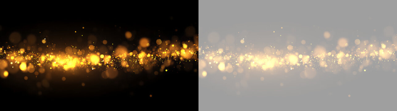 Golden bokeh light effect with sparkling glitter particles. Glowing yellow shimmer trail on black and transparent background. Abstract festive design element