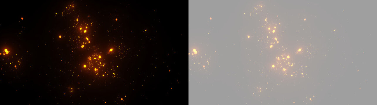 Glowing fire sparks and hot embers effect. Flying orange burning particles on black and transparent background. Abstract heat and energy design element