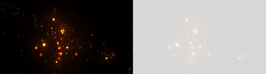 Dynamic burst of glowing golden sparks and bokeh. Floating fire embers and light particles on split black and transparent background. Magical dust overlay element © Pro_Light
