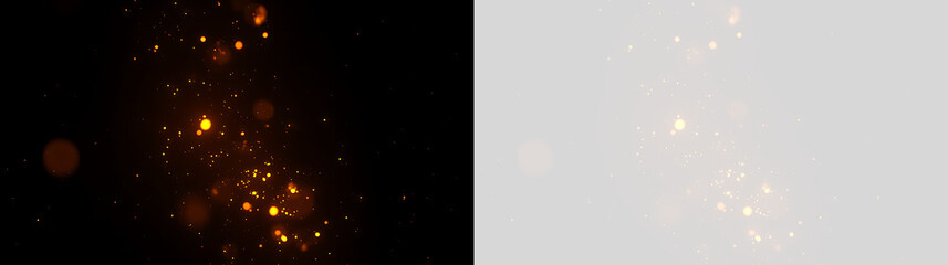 Golden glowing particles and bokeh on black and transparent backgrounds. Abstract light effect overlay with floating sparks and magic dust. Festive glitter design element © Pro_Light