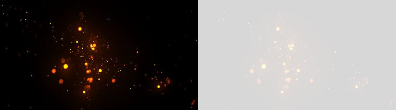 Dynamic burst of glowing golden sparks and bokeh. Floating fire embers and light particles on split black and transparent background. Magical dust overlay element
