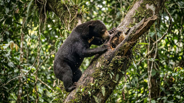 Sun bear climbing a rainforest tree. Wild Malayan bear scaling a trunk in the jungle.