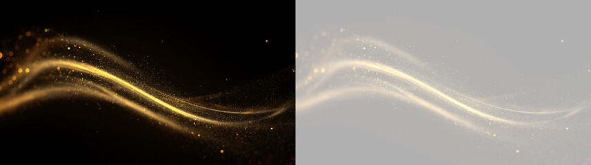 Abstract glowing golden light trail with sparkles. Wavy magic dust flow on black and transparent backgrounds. Elegant luxury design element © Pro_Light