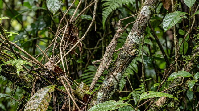 Stick insect camouflaged on a tree branch. Phasmid blending into the tropical jungle foliage.