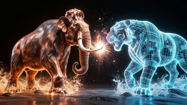 Dynamic Encounter of a Majestic Elephant and a Futuristic Tiger