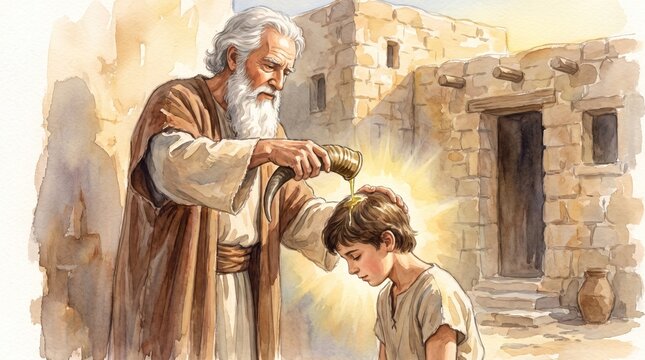 Prophet Samuel pours oil from a horn onto young David during his anointing as king in a watercolor painting illustration.