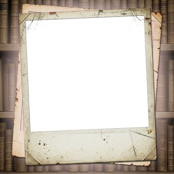 Vintage grunge photo frame with old library bookshelf background.