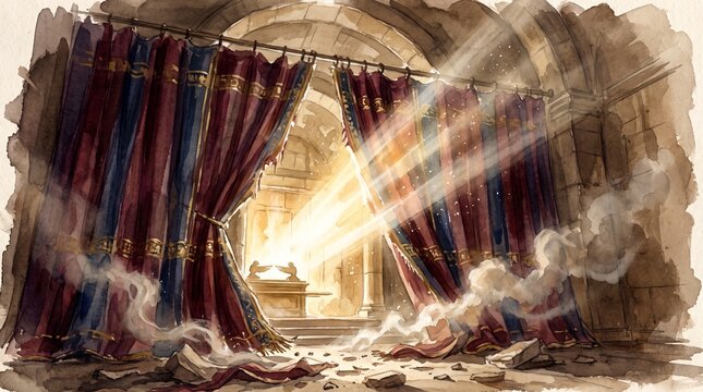 Veil of the Temple tears in two with dust and smoke revealing the Ark of the Covenant in a watercolor painting illustration.