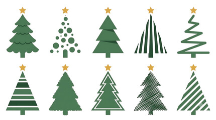 Obraz premium Minimalist green Christmas tree icons, set of 10 modern evergreen silhouettes with gold stars, flat holiday graphic elements