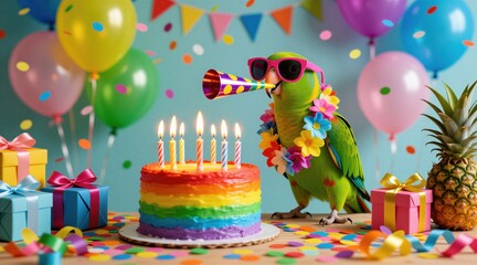 Fototapeta premium Green parrot wearing pink sunglasses blows party horn at colorful rainbow cake with candles. Bird with floral lei celebrates birthday surrounded by bright balloons gift boxes, confetti. Funny exotic
