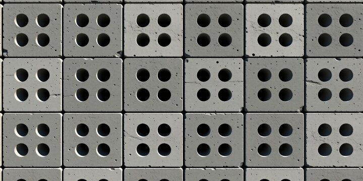 Grid of square concrete blocks with four circular holes arranged in repeating pattern. Grey cement texture forms modular wall structure for industrial interior design background. Abstract geometric