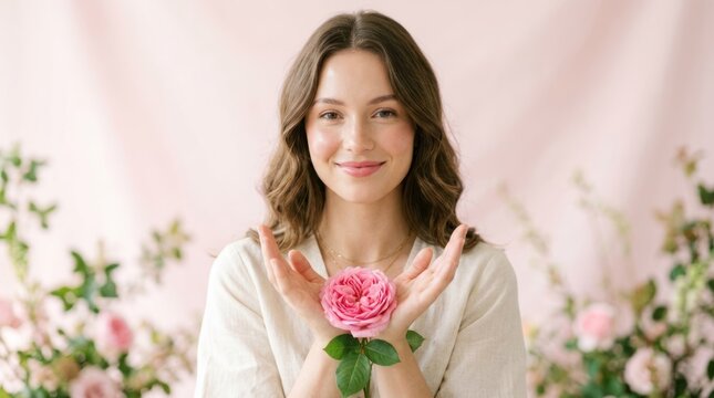 A woman holding a pink rose in her hands.