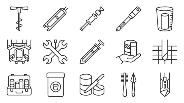 Industrial construction and soil testing line icons set for engineering and laboratory analysis
