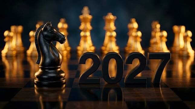 A dramatic arrangement of golden and black chess pieces carefully forming the year two thousand twenty seven