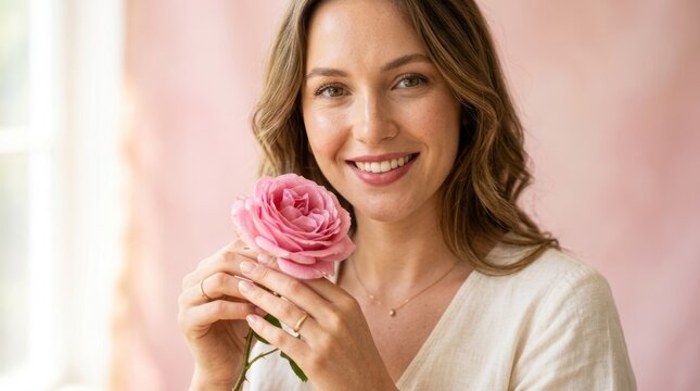 A woman holding a pink rose in a pink room with a window.