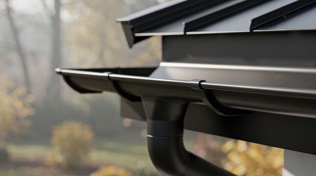 Close-up of a modern black metal rain gutter system attached to a building roof, with an out-of-focus autumn background.