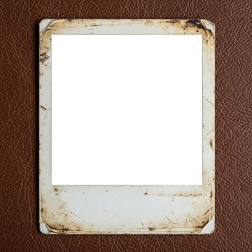 Vintage distressed instant photo frame on brown leather texture background.