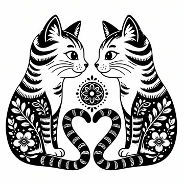 Two cute cats with floral patterns sitting together forming a heart shape illustration