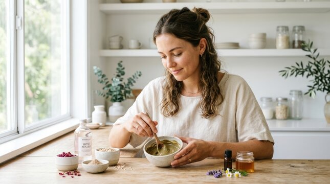 A woman in a white kitchen, preparing a healthy green smoothie with a wooden spoon.