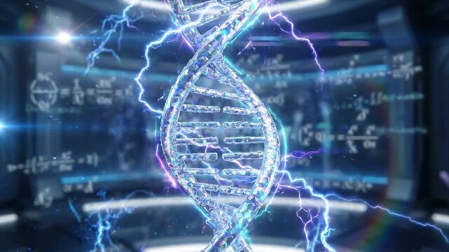 Silver and Blue Holographic DNA Helix Glowing Quantum Field Neon Concept