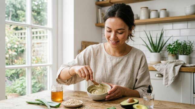 A woman preparing a healthy meal in a cozy kitchen with a wooden table and white tiled backsplash.
