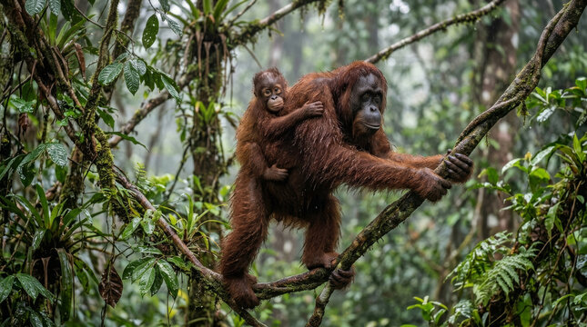 Orangutan mother carrying baby in rainforest. Wild ape climbing tree in tropical jungle.