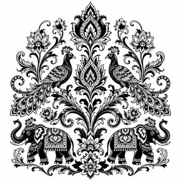 Traditional indian art pattern with elephants and peacocks in black and white ink