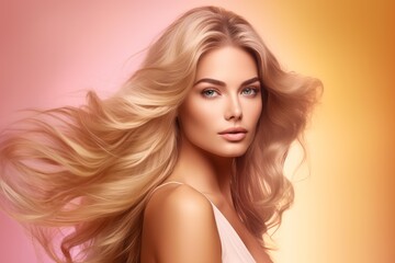 Naklejka premium Blonde woman posing with long wavy hair in sunset soft lighting creating a beauty concept