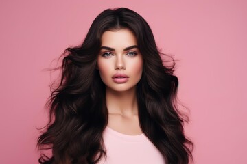 Naklejka premium Young woman posing with glowing skin and long dark hair against a pink background