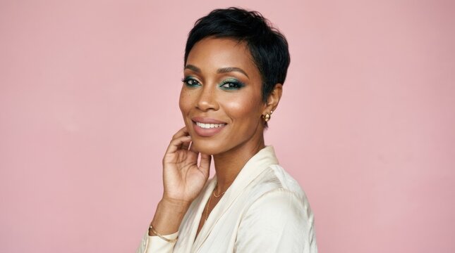 A woman with short black hair, wearing a white top, poses against a pink background.