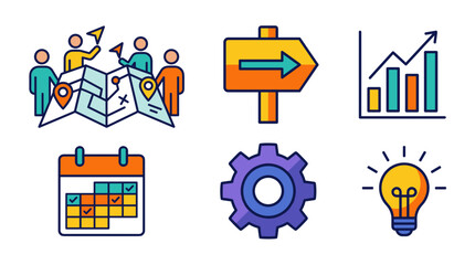 Naklejka premium Flat design icon set for business planning: team, map, calendar, graph, gear, lightbulb. Isolated on white.