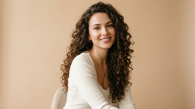 A woman with curly hair smiling, wearing a white sweater, against a beige background.