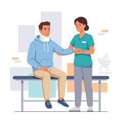 Fototapeta premium Physical Therapist Assists Patient with Neck Brace Recovery, Rehabilitation Exercise in Clinic